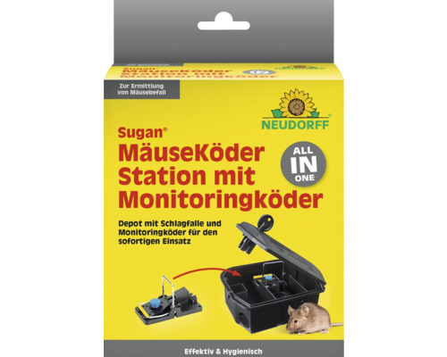 Neudorff Sugan MäuseKöder Station mit Monitoringköder, Schlagfalle zur Ermittlung von Mäusebefall, All in One Set, Neudorff Logo.