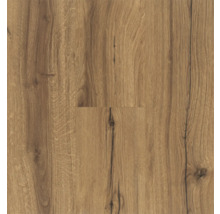 Laminatboden in Eichenoptik mit natürlicher Holzmaserung, Rissen und Astlöchern.