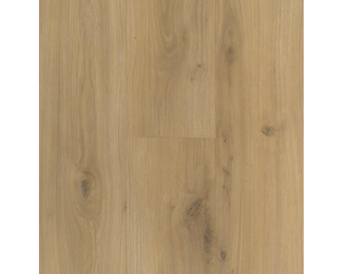 Laminatboden in Eiche-Optik mit natürlicher Holzmaserung und sichtbaren Astlöchern.