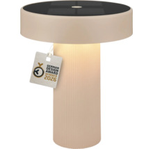 Moderne beige Solar-Tischleuchte mit geriffeltem Sockel und integriertem Solarpanel, Gewinner des German Design Award 2026.