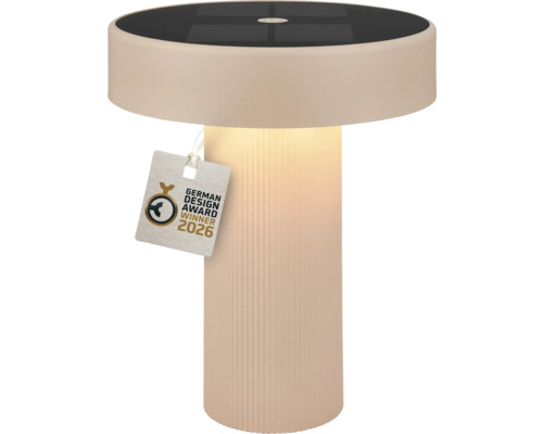 Moderne beige Solar-Tischleuchte mit geriffeltem Sockel und integriertem Solarpanel, Gewinner des German Design Award 2026.