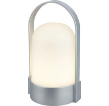 Tragbare LED-Tischleuchte mit weißem Kunststoffdiffusor und silbernem Metallbügel.