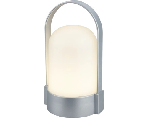 Tragbare LED-Tischleuchte mit weißem Kunststoffdiffusor und silbernem Metallbügel.