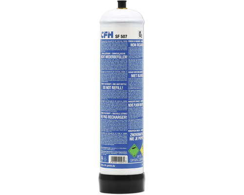 CFH Sauerstoff-Einwegflasche SF 507 für Schweiß-Fix SF 3100, 145 Gramm Inhalt, mit Warnsymbolen, CFH Logo und Barcode.