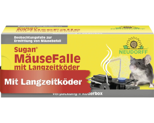 Neudorff Sugan Mausefalle mit Langzeitköder zur Ermittlung von Mäusebefall in einer Verpackung mit Neudorff Logo.