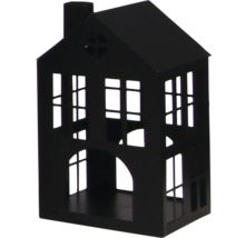 Dekoratives Haus aus Metall in Schwarz mit Fenster-Aussparungen und Schornstein.