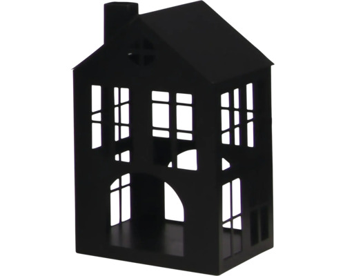 Dekoratives Haus aus Metall in Schwarz mit Fenster-Aussparungen und Schornstein.