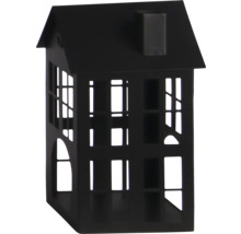 Schwarze Laterne in Hausform aus Metall mit Fensterausschnitten und Schornstein.