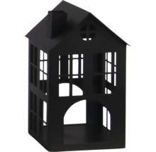 Deko-Haus aus schwarzem Metall mit Fensterausschnitten und Kamin.