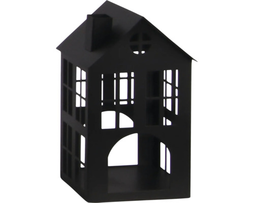 Deko-Haus aus schwarzem Metall mit Fensterausschnitten und Kamin.