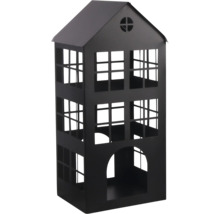 Windlicht aus Metall in Hausform, schwarz, mit Giebeldach, Fensteraussparungen und Rundbogentür.