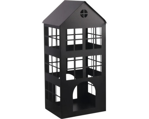 Windlicht aus Metall in Hausform, schwarz, mit Giebeldach, Fensteraussparungen und Rundbogentür.