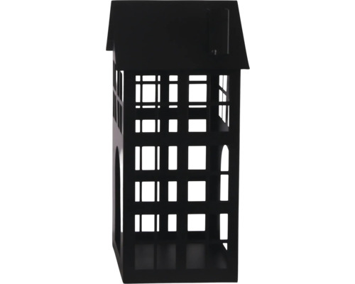 Dekoratives Windlicht aus Metall in Hausform mit Fensteraussparungen in Schwarz.