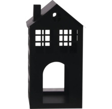 Dekoratives Haus aus schwarzem Metall mit Schornstein, Sprossenfenstern und einer Rundbogenöffnung.