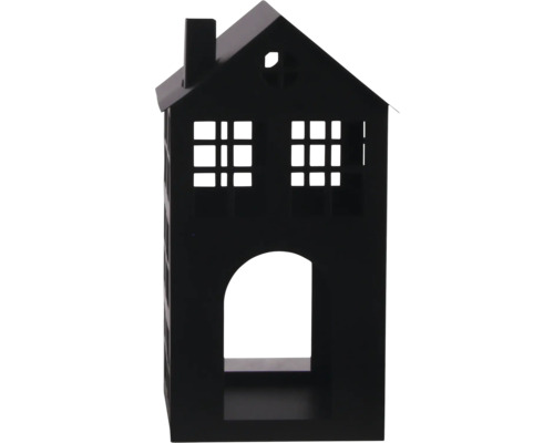 Dekoratives Haus aus schwarzem Metall mit Schornstein, Sprossenfenstern und einer Rundbogenöffnung.
