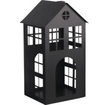 Schwarze Deko-Laterne in Hausform aus Metall mit Fensterausschnitten.