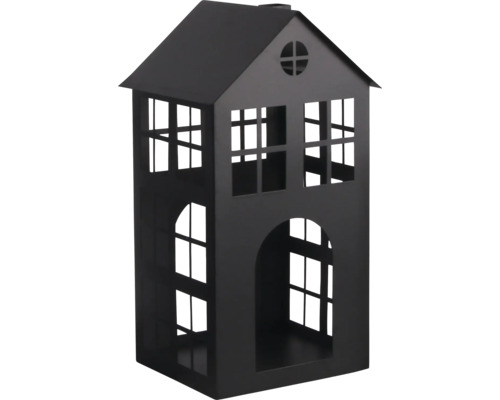 Schwarze Deko-Laterne in Hausform aus Metall mit Fensterausschnitten.