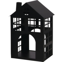 Schwarzes Windlicht in Hausform aus Metall mit Fenstern und Schornstein.