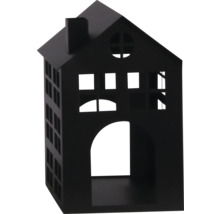 Schwarzes Deko-Haus aus Metall mit Fensterausschnitten und Schornstein.