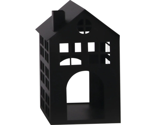 Schwarzes Deko-Haus aus Metall mit Fensterausschnitten und Schornstein.