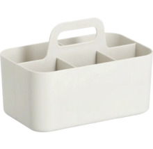 Organizer-Box aus Kunststoff mit Tragegriff und mehreren Fächern für die Aufbewahrung von Utensilien.