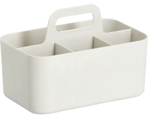 Organizer-Box aus Kunststoff mit Tragegriff und mehreren Fächern für die Aufbewahrung von Utensilien.