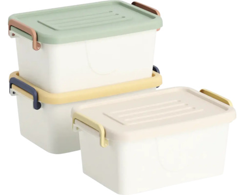 Stapelbare Aufbewahrungsbox aus Kunststoff mit Deckel und seitlichen Clipverschlüssen in verschiedenen Farben.