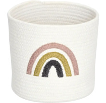 Rundes Aufbewahrungskörbchen aus weißem Baumwollseil mit eingesticktem Regenbogen.