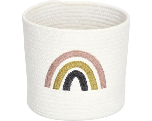 Rundes Aufbewahrungskörbchen aus weißem Baumwollseil mit eingesticktem Regenbogen.