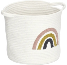 Geflochtener Aufbewahrungskorb aus Baumwollseil mit Regenbogen-Motiv und Henkel.