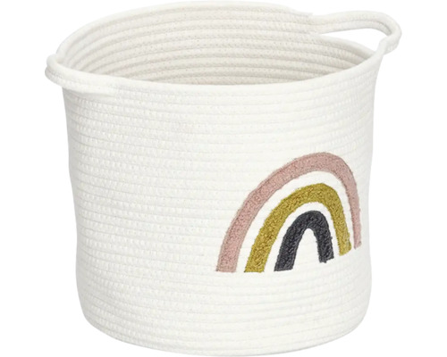 Geflochtener Aufbewahrungskorb aus Baumwollseil mit Regenbogen-Motiv und Henkel.