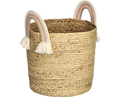 Geflochtener Aufbewahrungskorb aus Naturmaterial mit Henkeln im Regenbogen-Design und Fransen.