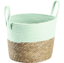 Runder geflochtener Korb aus Baumwollseil und Jute mit Griffen, zweifarbig in Mintgrün und Natur.