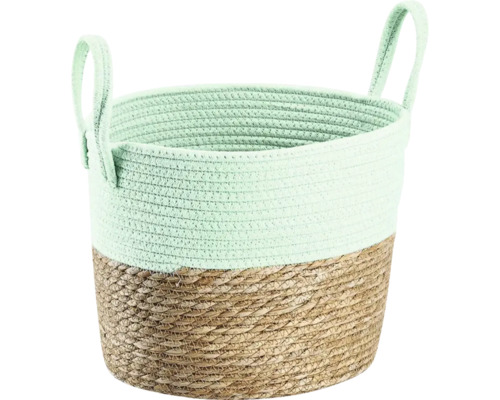 Runder geflochtener Korb aus Baumwollseil und Jute mit Griffen, zweifarbig in Mintgrün und Natur.