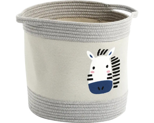 Aufbewahrungskorb aus Stoff mit Zebra Motiv und geflochtenem Rand mit Griffen