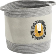 Aufbewahrungskorb aus Stoff und grauem Seil mit Löwen-Motiv und zwei Griffen.