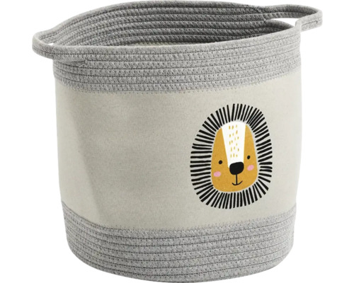 Aufbewahrungskorb aus Stoff und grauem Seil mit Löwen-Motiv und zwei Griffen.