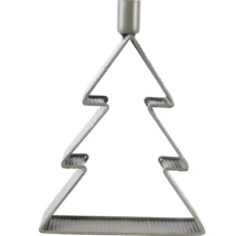 Kerzenständer aus Metall in Form eines Tannenbaums in Olivgrün mit einer Halterung für eine Stabkerze an der Spitze.