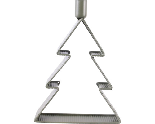 Kerzenständer aus Metall in Form eines Tannenbaums in Olivgrün mit einer Halterung für eine Stabkerze an der Spitze.