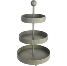 Dreistöckige Etagere aus Metall in Salbeigrün mit geriffelten Rändern und einem runden Knauf oben.