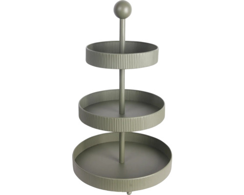 Dreistöckige Etagere aus Metall in Salbeigrün mit geriffelten Rändern und einem runden Knauf oben.
