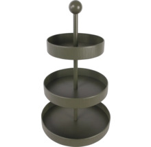 Dreistöckige grüne Etagere aus Metall mit geriffelten Schalen und Kugelgriff.