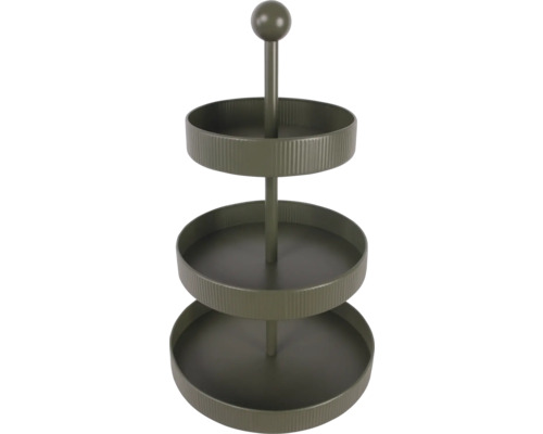 Dreistöckige grüne Etagere aus Metall mit geriffelten Schalen und Kugelgriff.