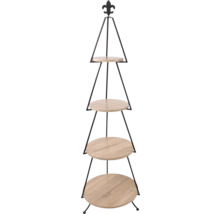 Vierstöckige Etagere aus Metall und Holz mit runden Ablageflächen und dekorativem Lilien-Abschluss.