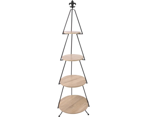 Vierstöckige Etagere aus Metall und Holz mit runden Ablageflächen und dekorativem Lilien-Abschluss.
