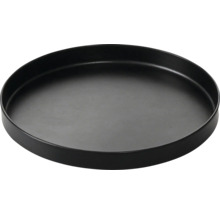 Rundes, schwarzes Tablett mit erhöhtem Rand.