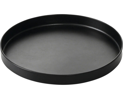 Rundes, schwarzes Tablett mit erhöhtem Rand.