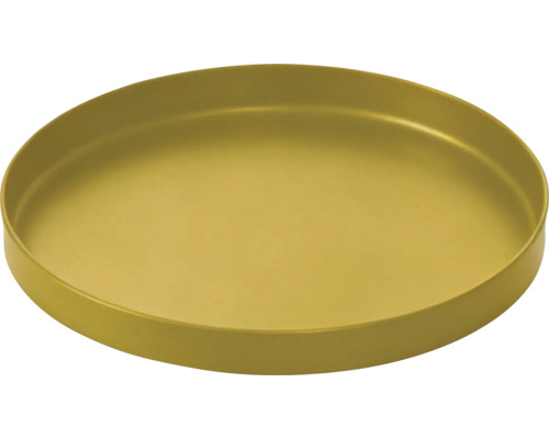 Rundes Tablett aus Metall in Gold mit flachem Boden und erhöhtem Rand.