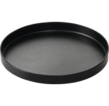 Rundes schwarzes Tablett aus Metall mit flachem Rand.