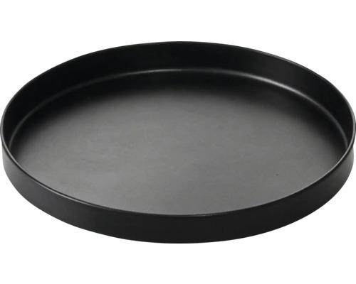 Rundes schwarzes Tablett aus Metall mit flachem Rand.
